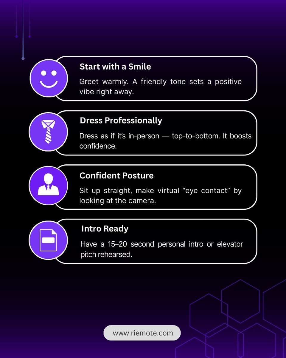 riemote_com's tweet photo. 🎥 Nail Your Remote Interview in the First 60 Seconds! 🕒
Make a lasting impression right from the start with these expert tips from Riemote📋💻

#RemoteInterview #JobTips #CareerGrowth #VirtualInterview #RiemoteReady #InterviewTips #WorkFromHome #RemoteWorkSuccess #Online. https://t.co/2Zn6RY8jm3