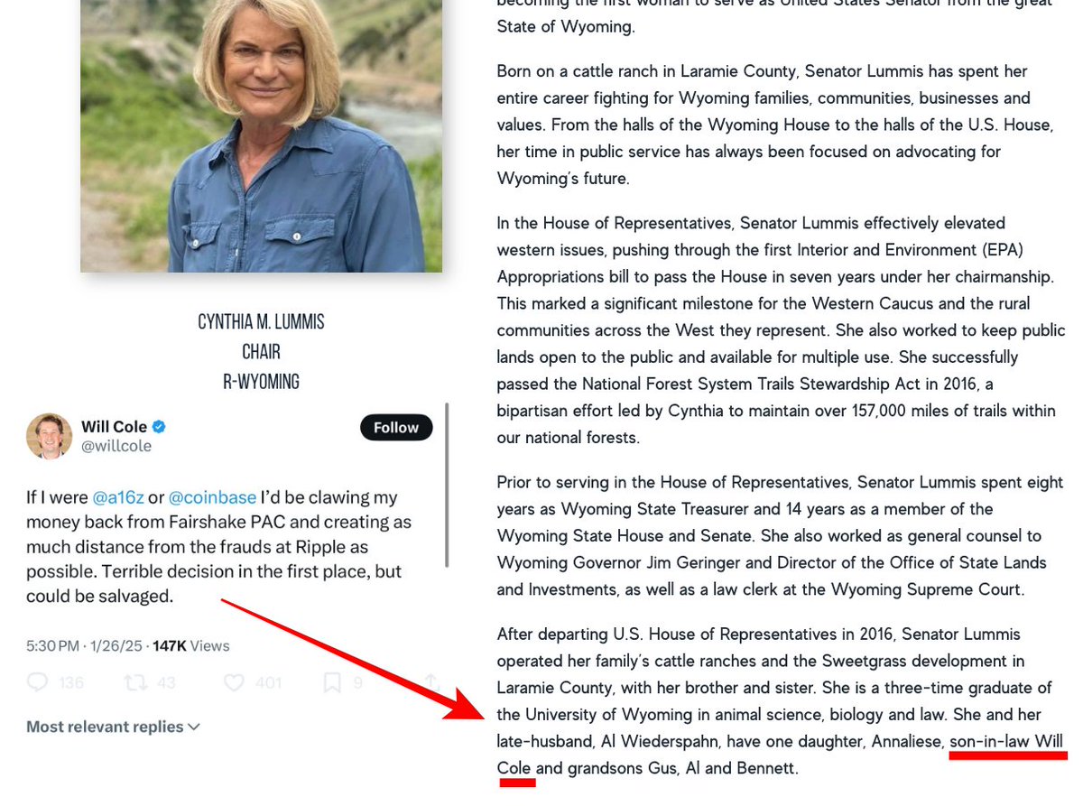 Digital Asset Investor (@digitalassetbuy) on Twitter photo Credit to <a href="/cowboycrypto313/">Cowboy.Crypto</a> for uncovering this. <a href="/SenLummis/">Senator Cynthia Lummis</a> who refuses to meet with <a href="/bgarlinghouse/">Brad Garlinghouse</a> son in law <a href="/willcole/">Will Cole</a> libeled @ripple calling them "frauds". Ohhh the liability for him and for her. Credit to <a href="/cowboycrypto313/">Cowboy.Crypto</a> for uncovering this. <a href="/SenLummis/">Senator Cynthia Lummis</a> who refuses to meet with <a href="/bgarlinghouse/">Brad Garlinghouse</a> son in law <a href="/willcole/">Will Cole</a> libeled @ripple calling them "frauds". Ohhh the liability for him and for her.