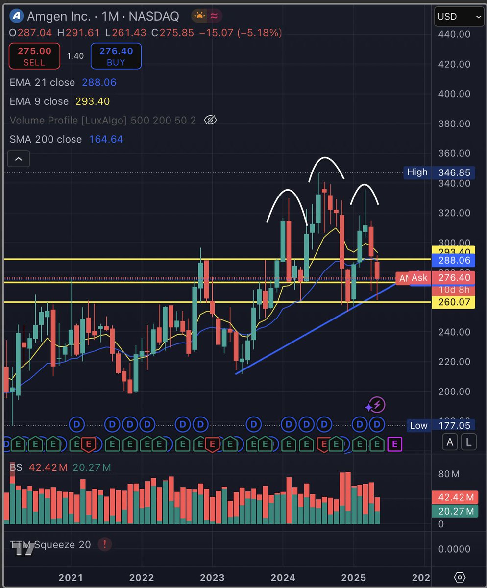 internet_riffs's tweet photo. $AMGN has anyone noticed the HUGE Head and Shoulders forming on the monthly here. I understand Pharma is weak but this seems like it wants to a lot lower, if it breaks support trendline than its $260 - $250 - $225 https://t.co/uJrg0isPbg