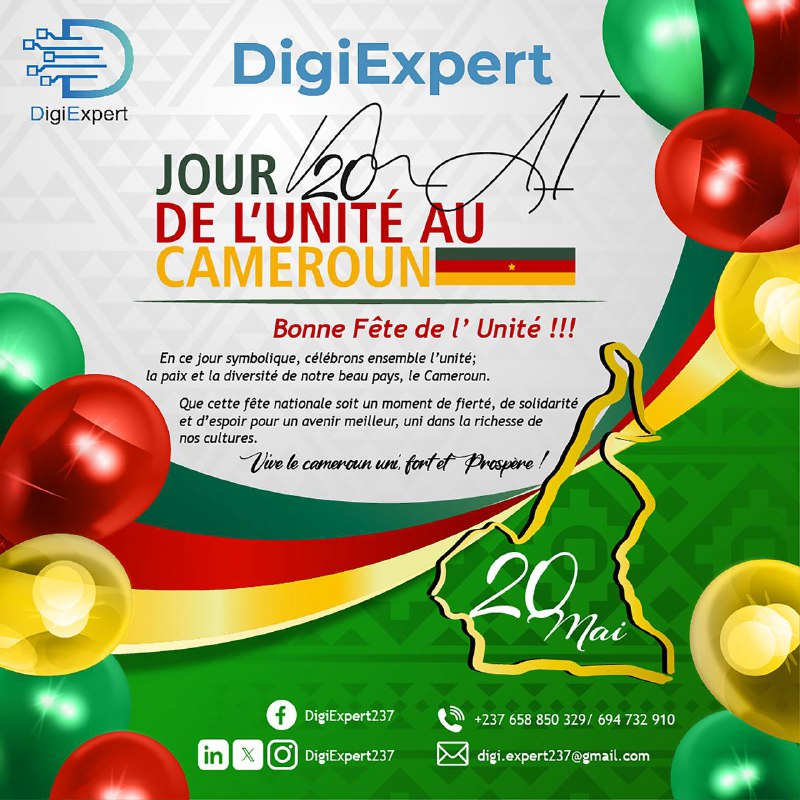 ExpertDigi7's tweet photo. 🇨🇲 Bonne Fête de l’Unité Nationale !
En ce 20 mai, DigiExpert célèbre les valeurs qui nous unissent : paix, solidarité, diversité et espoir pour un Cameroun plus fort.
🗓️ 20 Mai – Jour d’Unité, jour d’Espoir
#UnitéNationale #20Mai #FêteDeLUnité #DigiExpert #CamerounFortEtUni https://t.co/n1g30tWpqz
