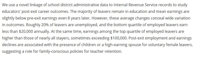 When an educator leaves a district, is it likely that their salary increases? "...mean earnings are slightly below pre-exit earnings even 8 years later. However, these average changes conceal wide variation."  journals.sagepub.com/doi/full/10.31…