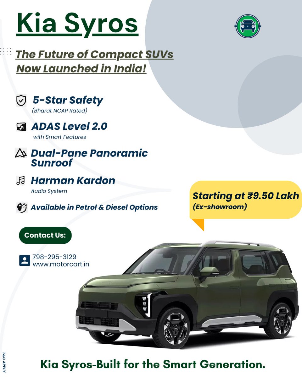 Motorcartin's tweet photo. π Introducing the All-New Kia Syros
.
.
Subscribe : https://t.co/NUR3aeF8Zi
Visit: https://t.co/h44FINnF20
.
.
.
.
#KiaSyros #NewLaunch #KiaIndia #SmartSUV #SUV2025 #MotorCartIndia #DriveKia #SUVGoals #explore #like #virul #cardealer #carloan #facebookvirulpost https://t.co/c37JffXxcS