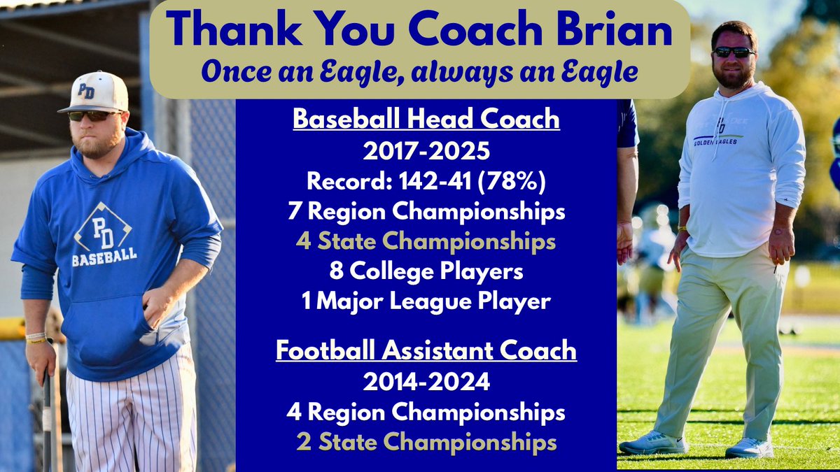 The accomplishments on the field are incredible, but don’t tell the whole story of how BIG an impact Coach Brian Davis has had on PDA in the last 9 years. We thank him for his service to our school and dedication to his players &amp; students. He will always be a part of our FAMILY!