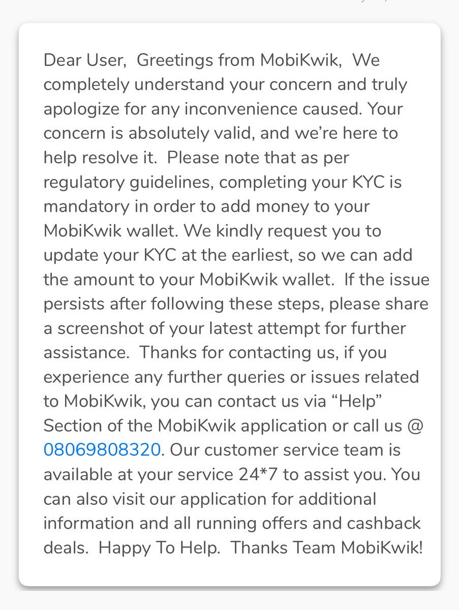 govinkarki's tweet photo. @MobiKwik @MobiKwikSWAT Fed up with bunch of incompetent customer support. Raised ticket id - 26973375, 27111845 as I was not able to add money to wallet though I have full KYC account. After sharing all the information, my query is marked resolved with this response. https://t.co/UnYbfIviaw