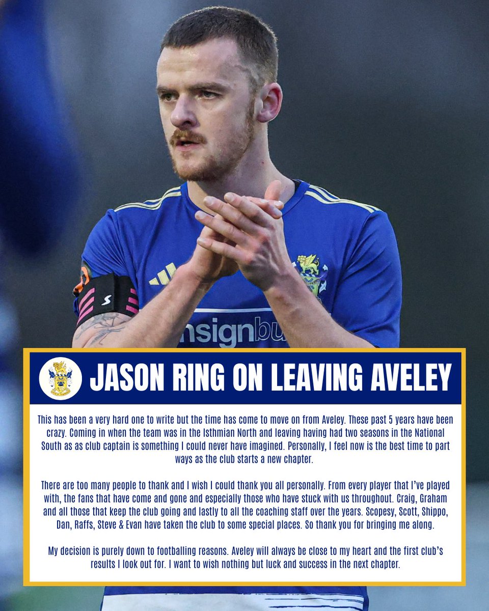 AveleyFC's tweet photo. After 151 club appearances, we can confirm that Millers Captain, Jason Ring has left the club as of today. 

From Isthmian North to National South with a few cups along the way 🏆 

Good luck, Ringo 🫡 https://t.co/iWQqBB64LQ