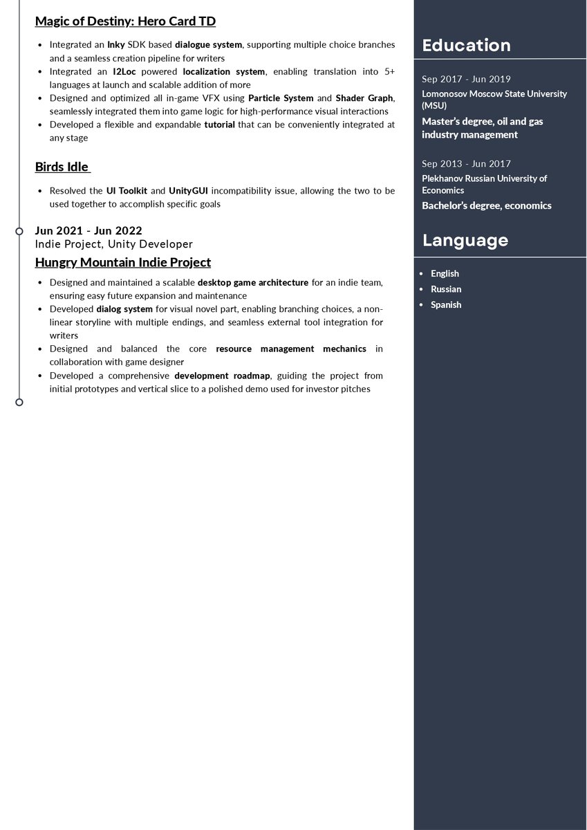 Привет, я Олег и я делаю игры!
Больше трех лет в Unity разработке.
От мобилок до десктопа - разрабатывал, оптимизировал, балансил.
Сейчас ищу новый интересный проект, буду рад предложениям!

Контакты твитом ниже ⬇️