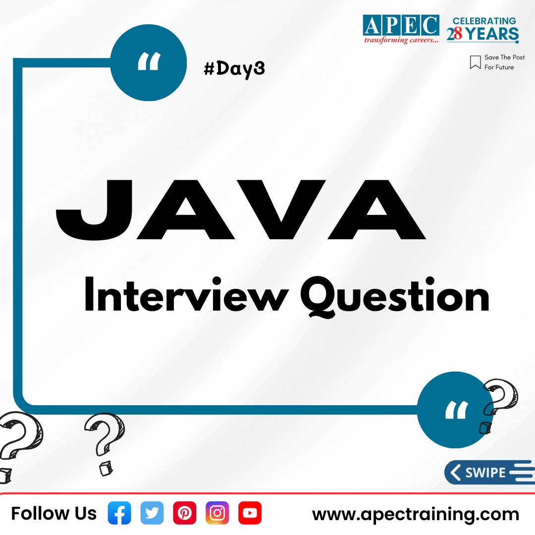 apecITtraining's tweet image. Java Interview question | APEC Training
#Day03
Q) Why pointers are commonly used in C and C++, but Java intentionally avoids them?
New Batches Starting Register Now: - t.ly/soH_l
Thank You -APEC Training
#JavaInterviewQuestions #JavaCodingInterview #JavaBasic