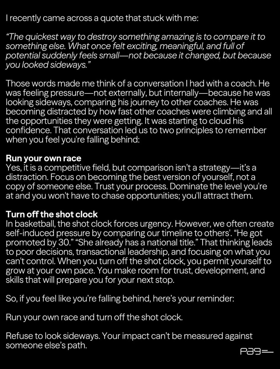 Great advice for everyone…

Made me think of recruits and current players. 
Recruits - it’s your journey - your timeline… don’t compare
Players - focus on yourself and work your tail off