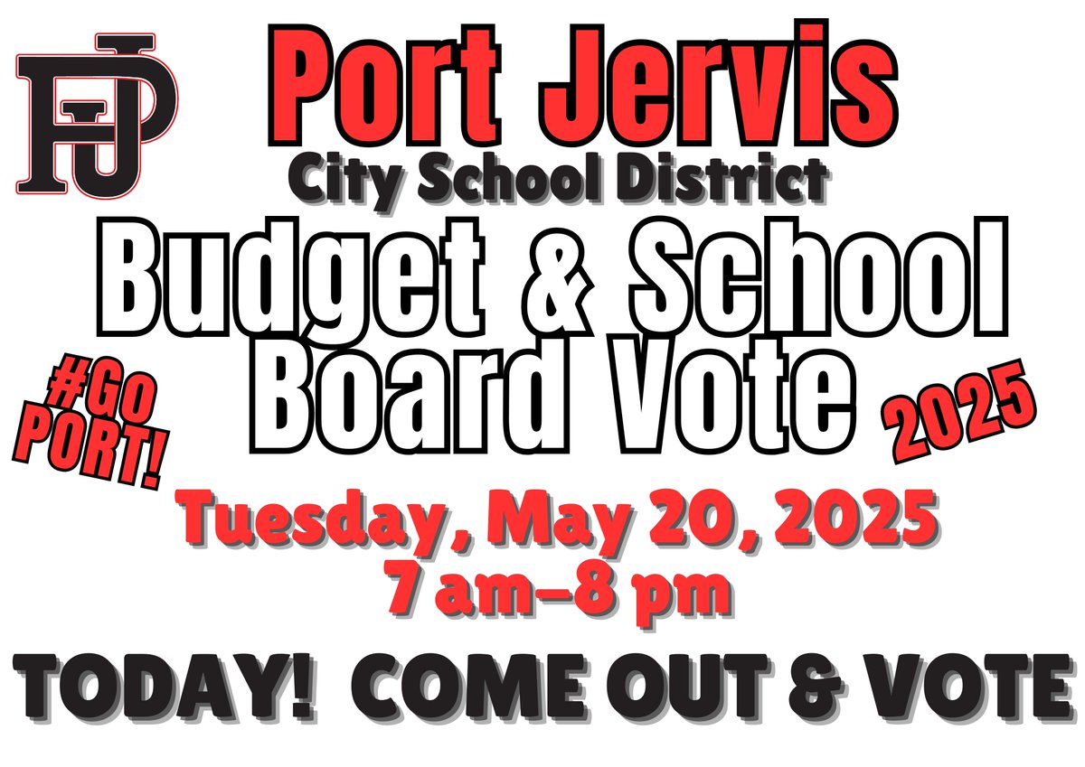 TODAY! Tuesday, May 20th, 2025. PJ School District Budget &amp; School Board VOTE!  Please come out and VOTE!  #GoPORT!