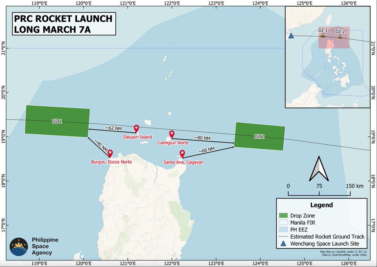 avgeekph's tweet photo. PhilSA confirms China's Long March 7A rocket launch on May 20. Debris expected to fall in drop zones off Cagayan &amp; Ilocos Norte. The public is urged to report sightings, avoid contact, as debris may be toxic/hazardous. DETAILS via https://t.co/OdYKgvxkTn #AvGeekPH #PhilSA #NOTAM https://t.co/MiGKhZQut1