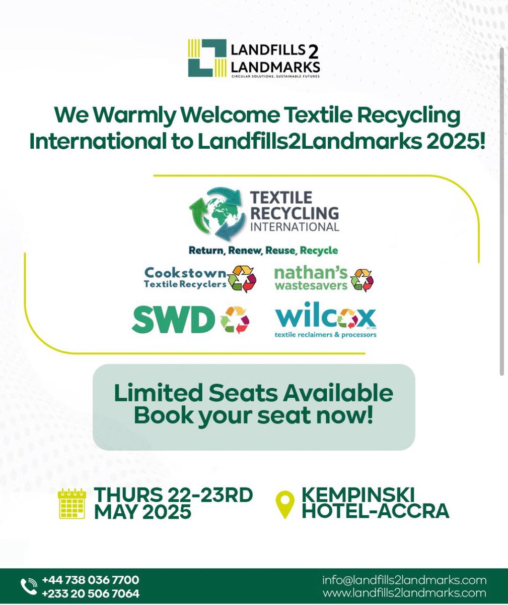 L2L_Summit25's tweet image. We’re thrilled to welcome  Textile Recycling International to #Landfills2Landmarks2025!

From Cookstown to Wilcox, TRI’s return-renew-reuse-recycle mission is powering global circularity.

🗓 May 22–23 | 📍Accra
🎟 lnkd.in/etkm4hg2

#CircularEconomy #TextileReform