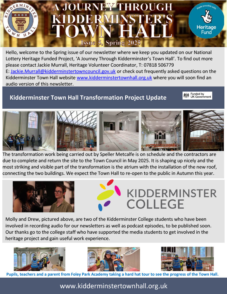 🎧 The last 2 newsletters from ‘A Journey Through Kidderminster’s Town Hall’ are now available in audio on our website!  Created by Kidderminster College Creative Media students 📷Thanks to

<a href="/HeritageFundUK/">The National Lottery Heritage Fund</a>
📷 Listen: bit.ly/3ZgnKof #Kidderminster #AudioNewsletter