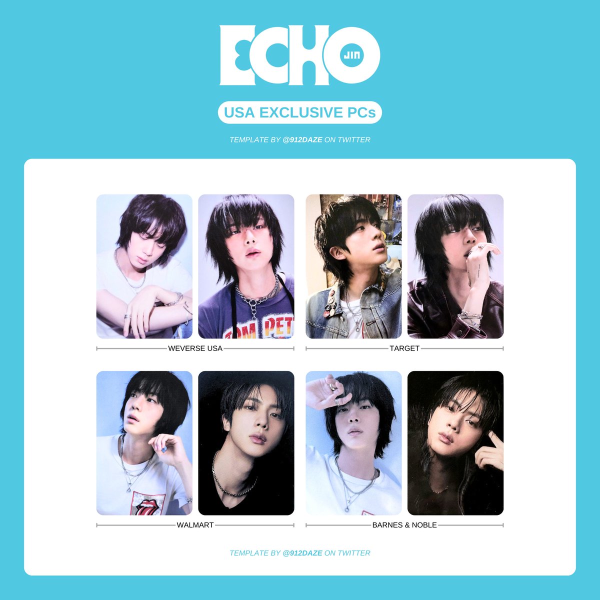 912daze's tweet photo. BTS JIN SEOKJIN ALBUM PC PHOTOCARD WL WISHLIST TEMPLATE ✨

⭐️ Jin - ECHO Templates #Jin_Echo 

[UPDATED]
+ Revealed WVJ & UMS POBs
+ Revealed WV USA Exclusive PCs
+ Revealed KakaoTalk POB PC
+ Hi-Seokjin Event Postcard

More templates in thread below

🤍 방탄 포카 모음집 드볼표 김석진
🤍 金碩珍 专辑 小卡 合集
🤍 ジントレカ 一覧表