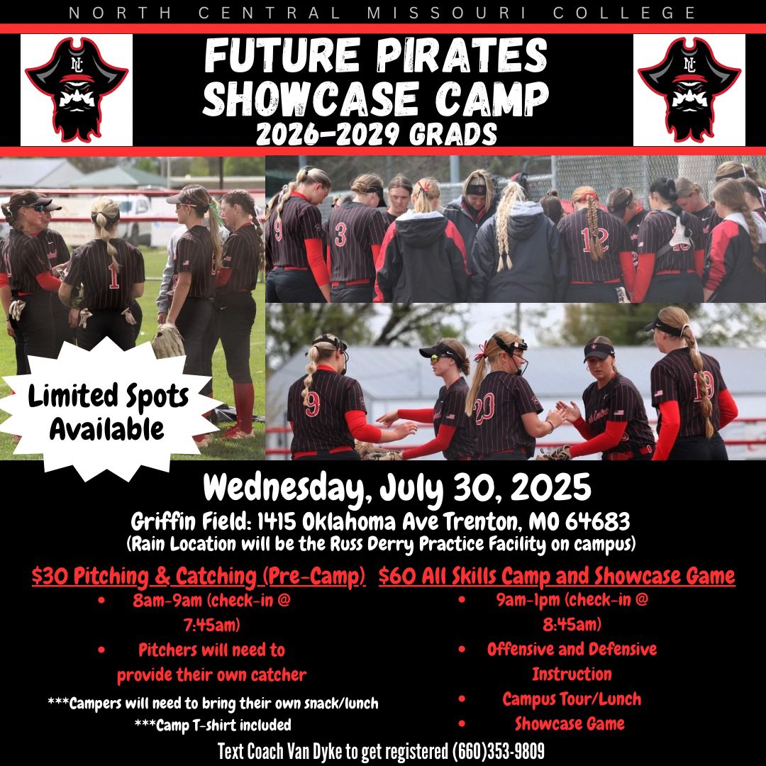 ‼️Get our Future Pirates Softball Camp(s) on your schedule!‼️
🗓️1st-8th Grade Futures Camp June 30th-July 1st
🗓️9th-12th Grade Showcase Camp July 30th
Reach out to me with any questions!🥎