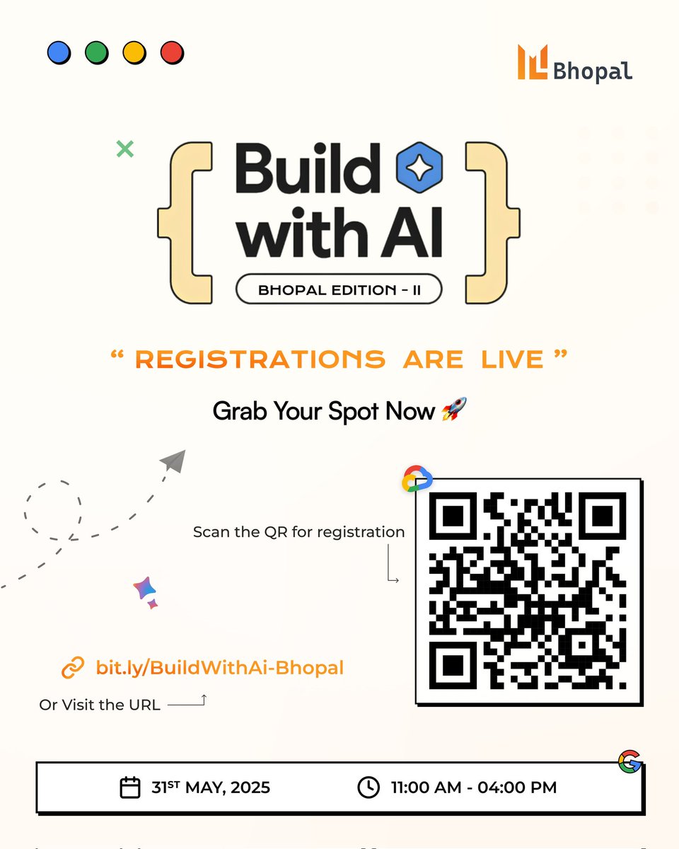 mlbhopal's tweet image. 🚀 Build With AI – Bhopal Edition II is back!
After a blockbuster first edition, we return on May 31 with more innovation, AI-powered ideas & networking!
✨ Hands-on sessions
✨ Industry talks
✨ Showcase & collabs
🎟️ Registrations LIVE: bit.ly/BuildWithAi-Bh…
@googledevs