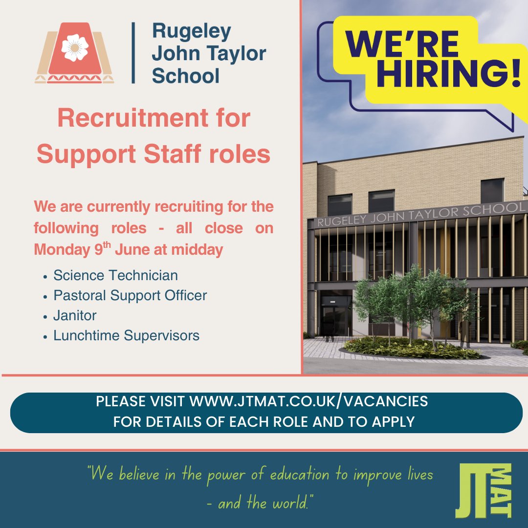 📣 We are now recruiting for further Support Staff roles for our new school - the deadline for all the below roles is midday on Monday 9th June.

For full details of each role and to apply please visit: jtmat.co.uk/vacancies/