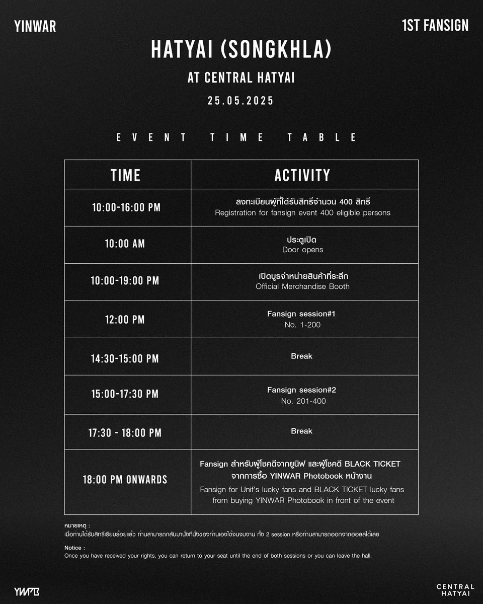 Event Time Table

[HAT YAI (SONGKHLA)]

 #YINWAR1STFANSIGN
