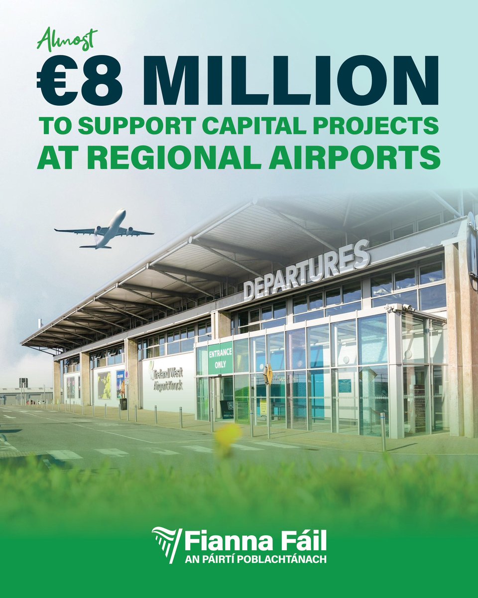 DarraghOBrienTD's tweet photo. Pleased to announce funding of €8 million to support our Regional Airports. 

 🛫€5.6m for Ireland West
🛫€1.8m for Kerry
🛫€346,000 for Donegal 

This funding underscores the vital role of our regional airports in supporting connectivity and regional development. https://t.co/BeAg1UKCtp