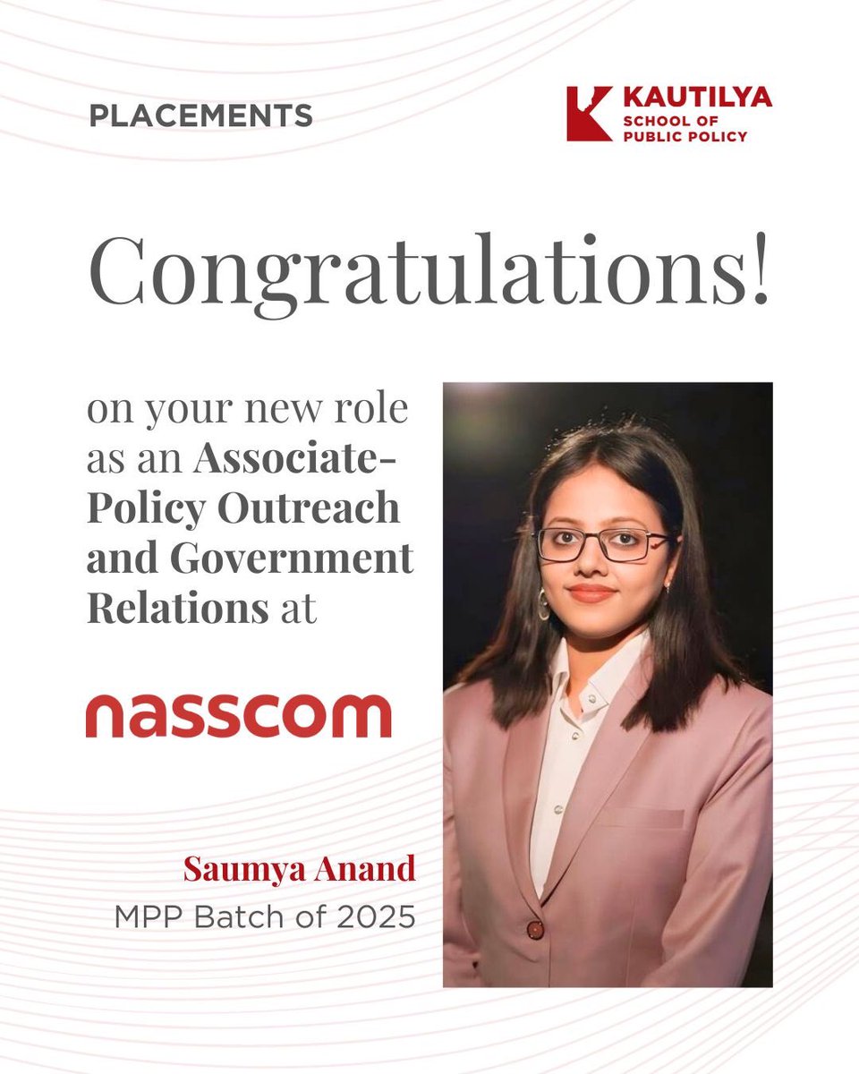 KautilyaSPP's tweet image. Congratulations to Saumya Anand from the MPP Class of 2025 on joining NASSCOM as an Associate – Policy Outreach and Government Relations!

Wishing her success as she supports collaborative dialogue between the tech industry and government stakeholders.

#KSPP #MPP2025…