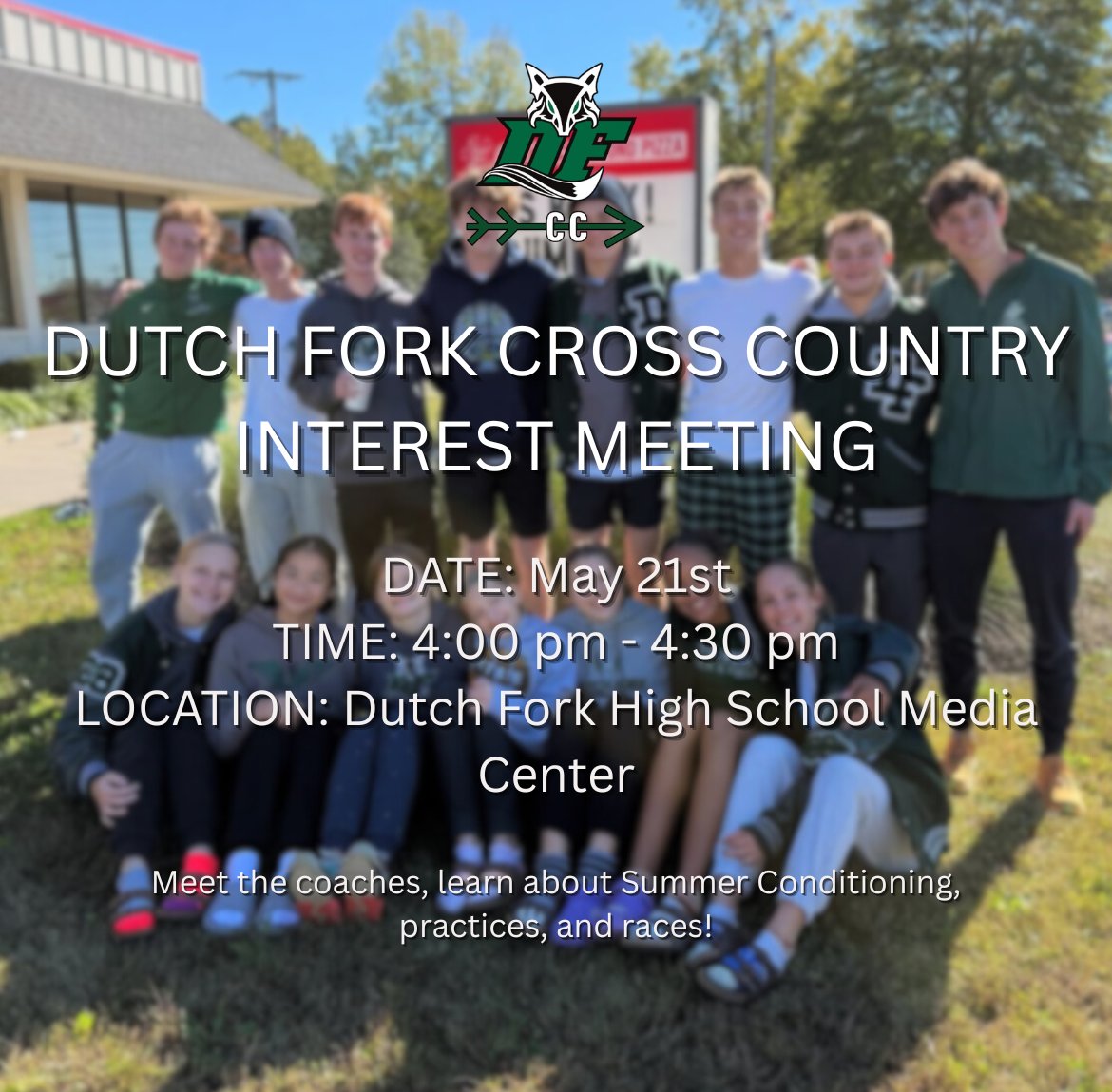 dutchforkhigh's tweet image. Cross Country Info and Interest Meeting - Wed, May 21, 4pm. ALL athletes, returning and new! Come meet the coaches, find out about summer running, summer camp, and the fall season! DFHS Media Center.