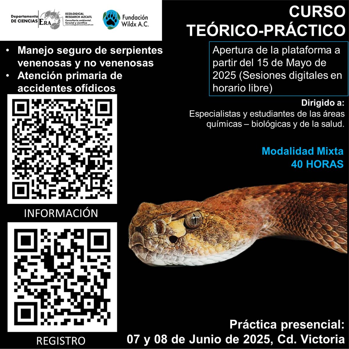 ERA_Azcatl's tweet image. Aprovecha nuestro curso, no te lo pierdas!!!  👉🏻 Formulario de inscripción:  forms.gle/wGQDev8cGaPmTq…… 📷drive.google.com/drive/folders/…… 📷 Catálogo de equipo en venta: drive.google.com/file/d/1i6gcw-…… #CursoSerpientes #Manejosegurodeserpientes #Snakehandling #prevencióndeaccidente