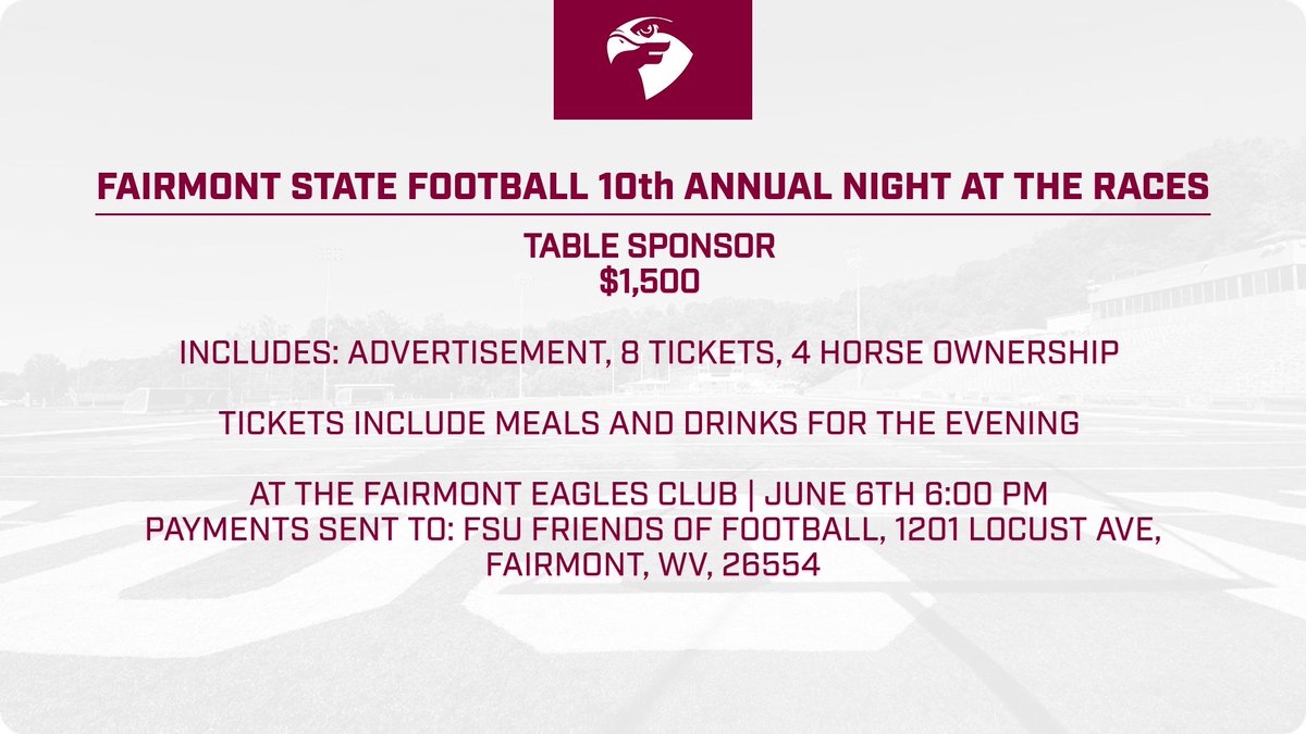Fairmont State Football (@fairmontstatefb) on Twitter photo Falcon Football Family, we are looking forward to see you at the 10th annual Night at the Races on Friday, June 6th!
We are offering several sponsorship opportunities, as well as individual and couple tickets.
See the link below to register:  fsufoundation.org/night-at-the-r…
#SOAR Falcon Football Family, we are looking forward to see you at the 10th annual Night at the Races on Friday, June 6th!
We are offering several sponsorship opportunities, as well as individual and couple tickets.
See the link below to register:  fsufoundation.org/night-at-the-r…
#SOAR