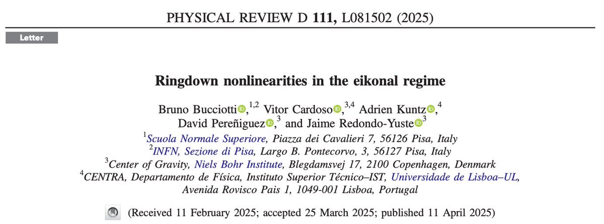 🌌 CENTRA Research News! 🌌

Vitor Cardoso and Adrien Kuntz <a href="/istecnico/">Instituto Superior Técnico</a> and collaborators explore nonlinear effects in black hole ringdowns. Their findings in <a href="/PhysRevD/">Physical Review D</a> <a href="/APSphysics/">American Physical Society</a>  confirm: perturbation theory holds strong, even at nonlinear order!

🔗 journals.aps.org/prd/abstract/1…