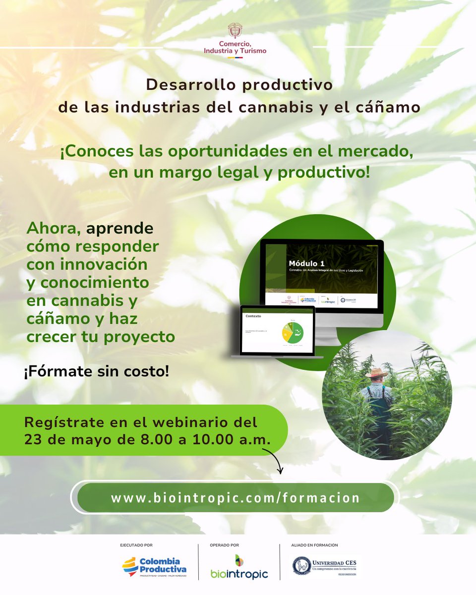 Universidad CES (@universidadces) on Twitter photo 🌱Este 23 de mayo descubre nuevas oportunidades en bioeconomía con cannabis y cáñamo en Colombia.
Lanzaremos los módulos 5 y 6 de la plataforma de formación virtual sin costo del programa #DesarrolloCannabisyCáñamo.
Regístrate ya: bit.ly/Capacitacion23…
<a href="/BIOINTROPIC/">BIOINTROPIC</a> 🌱Este 23 de mayo descubre nuevas oportunidades en bioeconomía con cannabis y cáñamo en Colombia.
Lanzaremos los módulos 5 y 6 de la plataforma de formación virtual sin costo del programa #DesarrolloCannabisyCáñamo.
Regístrate ya: bit.ly/Capacitacion23…
<a href="/BIOINTROPIC/">BIOINTROPIC</a>