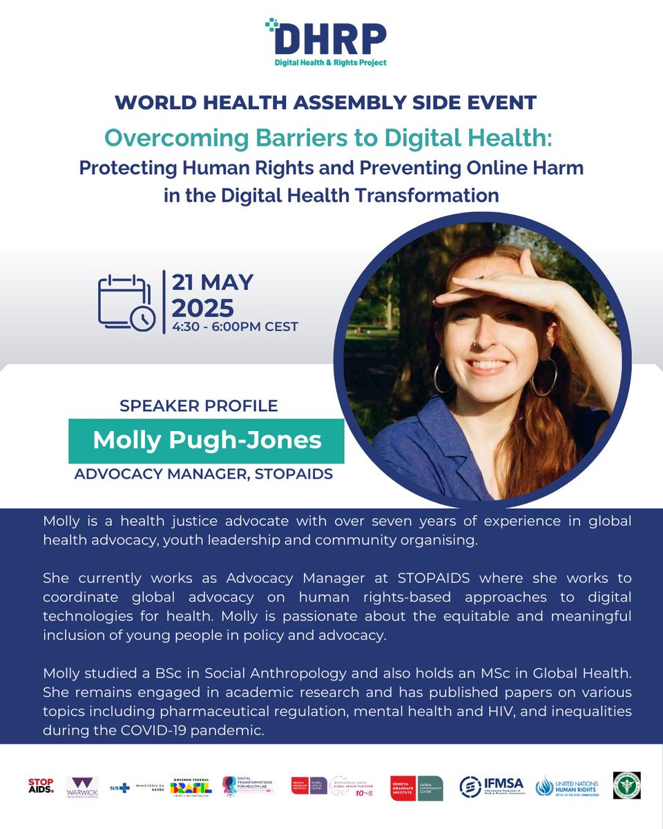 Bringing the advocacy lens to digital health and rights: <a href="/MollyPughJones/">Molly Pugh-Jones</a> from <a href="/STOPAIDS/">STOPAIDS</a> is part of our expert panel at #WHA78 side event.

Molly offers a refreshing perspective grounded in impactful of advocacy experience, highlighting the urgent need to centre rights, equity,
