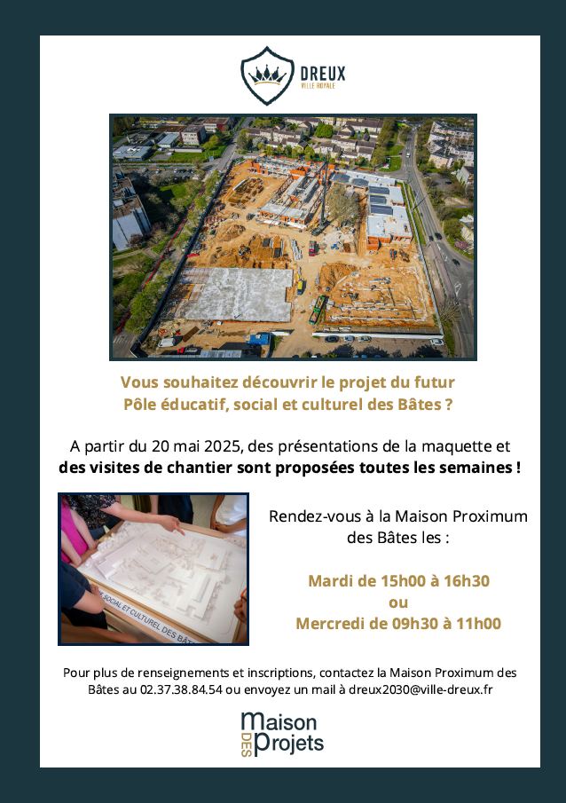 Dreux Officiel (@dreuxofficiel) on Twitter photo Le futur groupe scolaire des Bâtes prend forme. Pour mieux se projeter, la maquette de ce grand projet est visible à la Maison Proximum des Bâtes. Découvrez là les mardis de 15h à 16h30 et mercredis de 9h30 à 11h, sur inscription au 02 37 38 84 54 ou à dreux2030@ville-dreux.fr. Le futur groupe scolaire des Bâtes prend forme. Pour mieux se projeter, la maquette de ce grand projet est visible à la Maison Proximum des Bâtes. Découvrez là les mardis de 15h à 16h30 et mercredis de 9h30 à 11h, sur inscription au 02 37 38 84 54 ou à dreux2030@ville-dreux.fr.