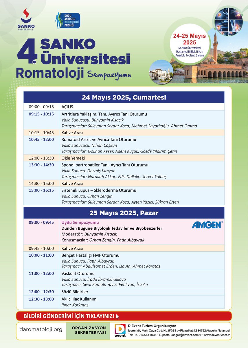 📢 SANKO ÜNİVERSİTESİ’NDE ROMATOLOJİ SEMPOZYUMU DÜZENLENECEK
SANKO Üniversitesi ve Doğu Anadolu Romatoloji Derneği iş birliği ile 4. Romatoloji Sempozyumu düzenlenecek.

SANKO Üniversitesi Tıp Fakültesi Dahili Tıp Bilimleri Bölümü İç Hastalıkları Ana Bilim Dalı Öğr. Üyesi Prof.