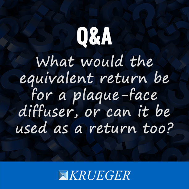 👉Q: Can a plaque-face (PLQ) diffuser be used as a return?
🤓A: Yes, but note that using it as a return will increase the NC by about 4 pts in the cataloged performance data and the negative static pressure will match the total static pressure listed in the catalog. #hvacsystem