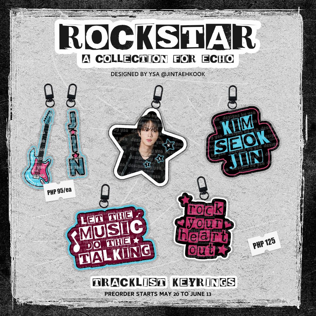 jintaehkook's tweet photo. ★ Rockstar: A Collection for Echo ★
☆ 0613: The OT7 Comeback Collection ☆

doo &amp; dop 
⏳ regular order: until june 13, 10:30 pm
⌛️ rush order: until may 28, 10:30 pm

order form:
🛒 https://t.co/9BWN4NvODP

🏷️ wts lfb bts keyrings pc holder ph jin ot7 echo 
#jktdesigns https://t.co/kEHqC1Smjt