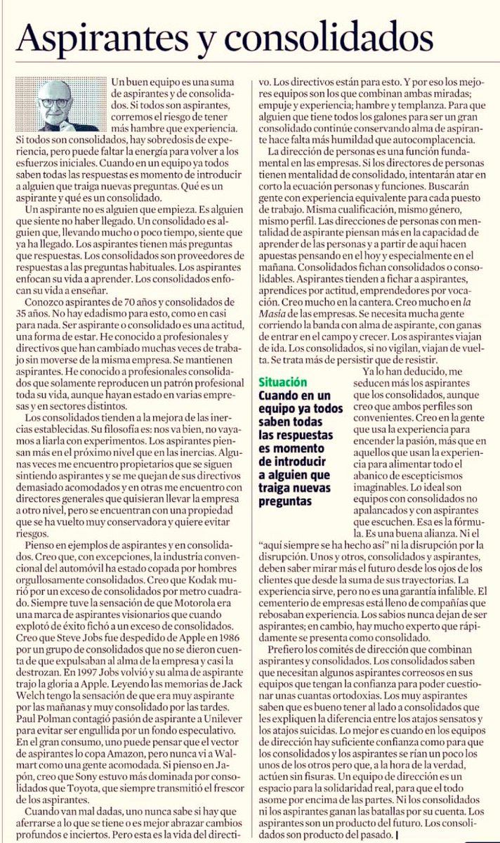 Kike Sanfiz Arias (@ksanfizarias) on Twitter photo “Equipos con consolidados no apalancados y aspirantes que escuchen”
“Cuando en un equipo ya todos saben todas las respuestas es momento de introducir a alguien que traiga nuevas preguntas”
<a href="/XavierMarcet/">Xavier Marcet</a> <a href="/LaVanguardia/">La Vanguardia</a> “Equipos con consolidados no apalancados y aspirantes que escuchen”
“Cuando en un equipo ya todos saben todas las respuestas es momento de introducir a alguien que traiga nuevas preguntas”
<a href="/XavierMarcet/">Xavier Marcet</a> <a href="/LaVanguardia/">La Vanguardia</a>