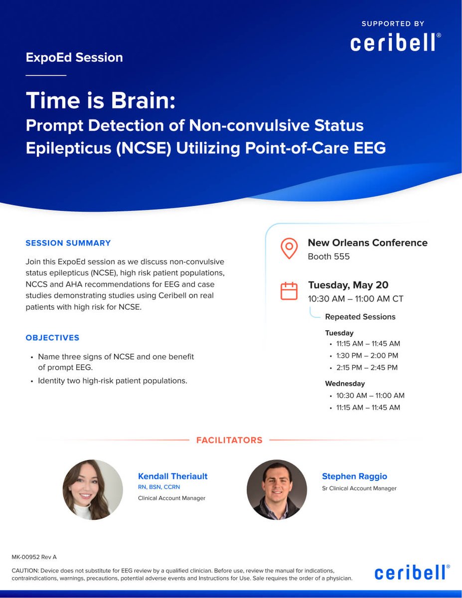 #AACN #NTI2025 has begun! Don't miss our ExpoEd session on “Prompt Detection of #NCSE Utilizing #POCEEG.” Come by booth 555 at 10:30 AM to ask your clinical questions in person and learn more about how nurse-led, rapid-EEG protocols can help cut EEG wait times!