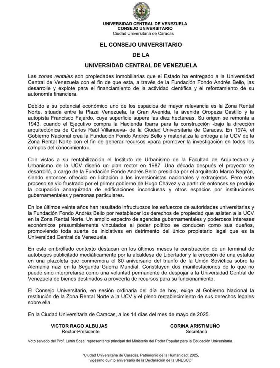 La UCV finalmente denuncia el despojo de terrenos que forman parte de la Zona Rental de esa universidad, por parte del Ejecutivo venezolano.
En este pronunciamiento el detalle histórico.
