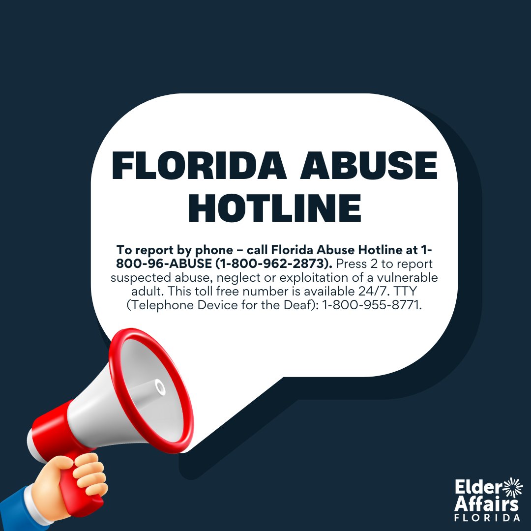 Elder abuse has no place in our communities.
The Florida Department of Elder Affairs is committed to protecting vulnerable adults every day.

📞 Call the Florida Abuse Hotline at 1-800-96-ABUSE or report online at myflfamilies.com. 

#ProtectOurElders #StopElderAbuse