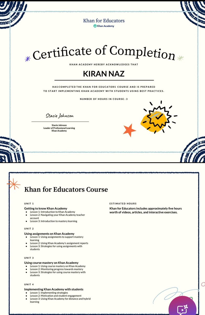 KiranShahbaz11's tweet image. I just earned a certificate from #KhanForEducators - the free teacher training course from @khanacademy. Earn yours (+ up to 5 free PD hours): khan.co/K4EUS