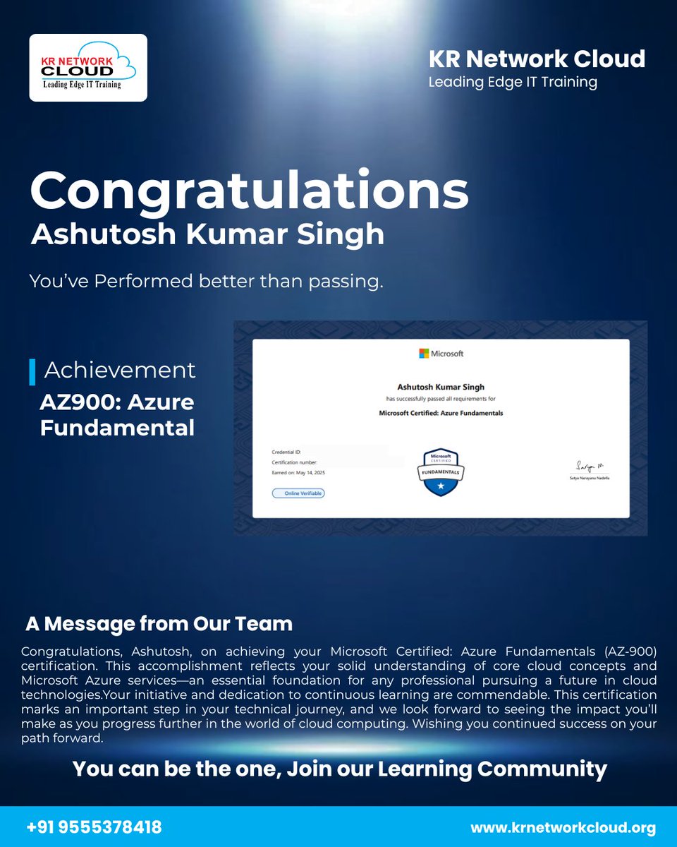 KRNetworkCloud1's tweet image. 𝐂𝐨𝐧𝐠𝐫𝐚𝐭𝐮𝐥𝐚𝐭𝐢𝐨𝐧𝐬, 𝐀𝐬𝐡𝐮𝐭𝐨𝐬𝐡! 🎉
We’re proud to recognize your exceptional achievement in earning the 𝐀𝐙-𝟗𝟎𝟎: 𝐌𝐢𝐜𝐫𝐨𝐬𝐨𝐟𝐭 𝐀𝐳𝐮𝐫𝐞 𝐅𝐮𝐧𝐝𝐚𝐦𝐞𝐧𝐭𝐚𝐥𝐬 certification.
#MicrosoftCertified #AZ900 #AzureFundamentals #CloudComputing