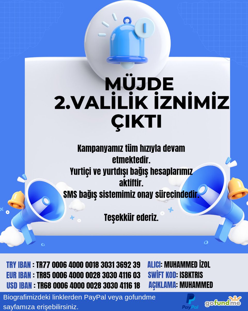 smamuhammedizol's tweet photo. 🥳🥳MÜJDE 🥳🥳
2.VALİLİK İZNİMİZ ÇIKTI 💐🌸
Kampanyamız tüm hızıyla devam etmektedir.

Yurtiçi ve yurtdışı bağış hesaplarımız aktiftir.
SMS bağış sistemimiz onay sürecindedir.

Muhammed’in sağlığına kavuşabilmesi için önümüzde yalnızca 19 adım kaldı.
Bu süreçte vereceğiniz her türlü destek bizim için çok kıymetlidir.

Teşekkür ederiz.