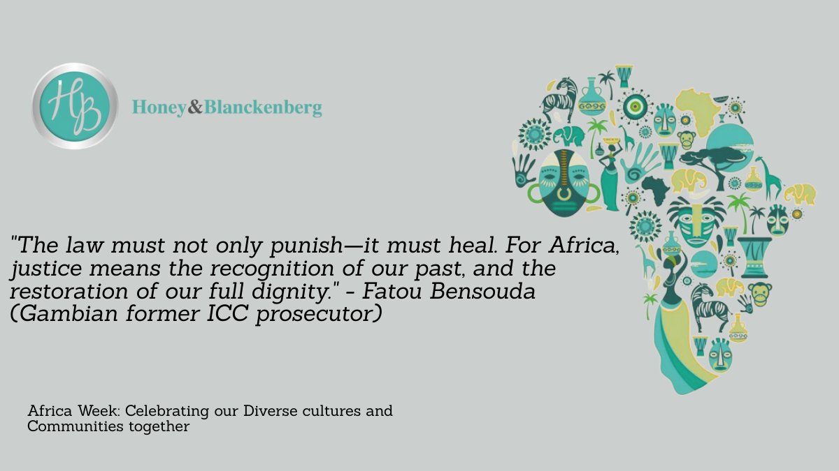 🌍Africa Justice Week 🌍
As we reflect this week, we’re reminded that justice in Africa must heal, not just punish. At Honey &amp; Blanckenberg, we stand for truth, dignity &amp; legal reform
💬 What does justice mean to you?
#AfricaDay2025 #JusticeForAfrica #ReparativeJustice #HandB_law