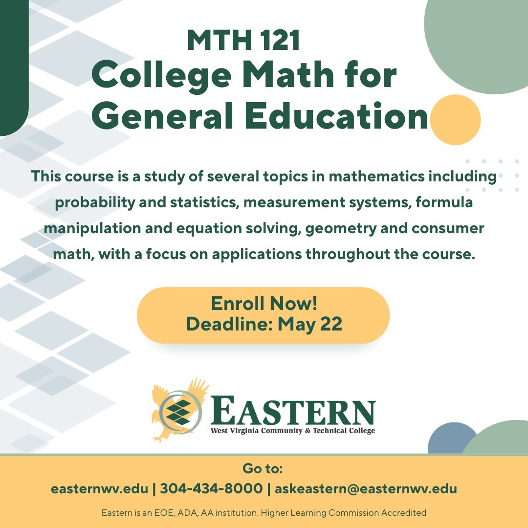 ewvctc's tweet image. Enroll in MTH 121 – College Math for General Education Online and apply what you learn to everyday life: budgeting, measuring, problem-solving &amp;amp; more!
🗓️ Enroll by May 22
Contact:
📧 askeastern@easternwv.edu | ☎️ 304-434-8000
easternwv.edu/academics/clas…
#DiscoverEWV #CollegeMath