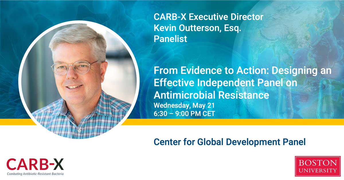 CARB-X (@carb_x) on Twitter photo Join CARB-X Executive Director <a href="/koutterson/">Kevin Outterson</a> at the <a href="/CGDev/">Center for Global Development</a> panel “From Evidence to Action: Designing an Effective Independent Panel on Antimicrobial Resistance” in Geneva, Switzerland!
📆 Wednesday, May 21
⏰ 6:30 – 9 PM CET
🔗 Register now: bit.ly/4dhswHJ
#AMR #Superbugs Join CARB-X Executive Director <a href="/koutterson/">Kevin Outterson</a> at the <a href="/CGDev/">Center for Global Development</a> panel “From Evidence to Action: Designing an Effective Independent Panel on Antimicrobial Resistance” in Geneva, Switzerland!
📆 Wednesday, May 21
⏰ 6:30 – 9 PM CET
🔗 Register now: bit.ly/4dhswHJ
#AMR #Superbugs