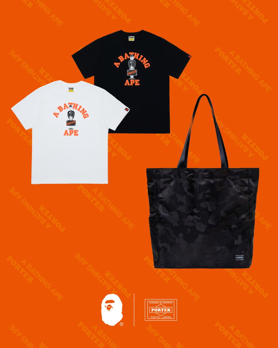 BAPEOFFICIAL's tweet photo. A BATHING APE®︎ teams up with PORTER to celebrate the opening of a new PORTER STAND location and the brand's 10th anniversary. 

The collection, inspired by the theme of "travel," includes four unique bag styles, each paired with a special souvenir bag, a T-shirt and tote bag set, a BABY MILO®︎ T-shirt, and a DOUBLE SHARK HOODIE. 

This limited-edition collection will be available exclusively in Japan starting Saturday, May 24, 2025, at A BATHING APE®︎ authorized stores, https://t.co/IBXRBlilL2 online store. 

@porter_yoshida_co.official @porter_stand  

#ABATHINGAPE #BAPE #BABYMILO 
#PORTER #PORTERYOSHIDA #PORTERSTAND