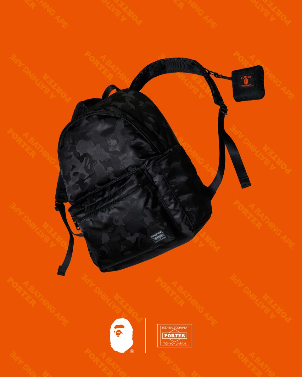 BAPEOFFICIAL's tweet photo. A BATHING APE®︎ teams up with PORTER to celebrate the opening of a new PORTER STAND location and the brand's 10th anniversary. 

The collection, inspired by the theme of "travel," includes four unique bag styles, each paired with a special souvenir bag, a T-shirt and tote bag set, a BABY MILO®︎ T-shirt, and a DOUBLE SHARK HOODIE. 

This limited-edition collection will be available exclusively in Japan starting Saturday, May 24, 2025, at A BATHING APE®︎ authorized stores, https://t.co/IBXRBlilL2 online store. 

@porter_yoshida_co.official @porter_stand  

#ABATHINGAPE #BAPE #BABYMILO 
#PORTER #PORTERYOSHIDA #PORTERSTAND
