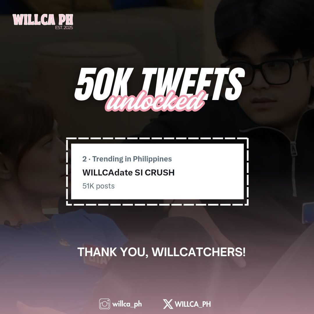 WILLCA_PH's tweet photo. We did it again, Willcatchers!! Over fifty thousand tweets and holding a strong second spot on the trending list!

Let’s keep the momentum going - tweet more, engage more, and don't forget to boost those tag posts!!

WILLCAdateSI CRUSH
WILLCAdateSI CRUSH
WILLCAdateSI CRUSH https://t.co/JjsAzOBT7V