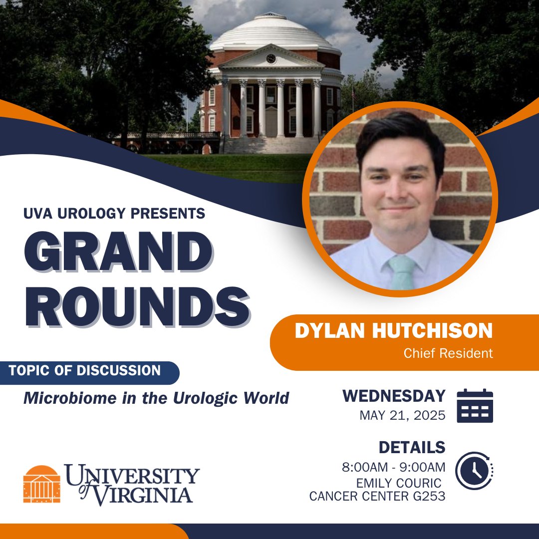 UVA Urology (@uvaurology) on Twitter photo Tomorrow, our co-Chief Resident Dr. Dylan Hutchison will lead #GrandRounds. He will be speaking on "Microbiome in the Urologic World." Don't miss out! Contact mir9w@uvahealth.org for more information about attending in person or via Zoom. Tomorrow, our co-Chief Resident Dr. Dylan Hutchison will lead #GrandRounds. He will be speaking on "Microbiome in the Urologic World." Don't miss out! Contact mir9w@uvahealth.org for more information about attending in person or via Zoom.
