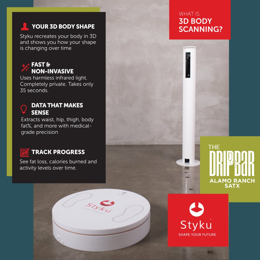 dripbarsatx's tweet image. Transform more than just the scale.
With monthly 3D body scans using Styku, we measure real change: fat %, muscle, waist, hips &amp;amp; more.
No guesswork — just data-backed progress.
#3DBodyScan #MedicalWellness #AlamoRanchTX