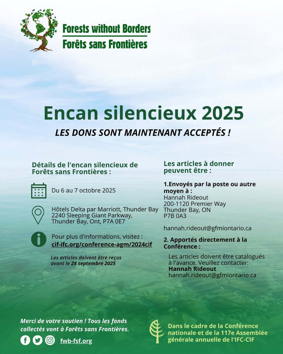 CIF-IFC (@cif_ifc) on Twitter photo 📣 Now accepting donations for the 2025 <a href="/FwB_FsF/">Forests Without Borders - Forêts sans Frontières</a> Silent Auction
Nous acceptons maintenant les donations pour la vente aux enchères silencieuse de Forêts sans Frontières 2025
cif-ifc.org/conference-agm… 📣 Now accepting donations for the 2025 <a href="/FwB_FsF/">Forests Without Borders - Forêts sans Frontières</a> Silent Auction
Nous acceptons maintenant les donations pour la vente aux enchères silencieuse de Forêts sans Frontières 2025
cif-ifc.org/conference-agm…