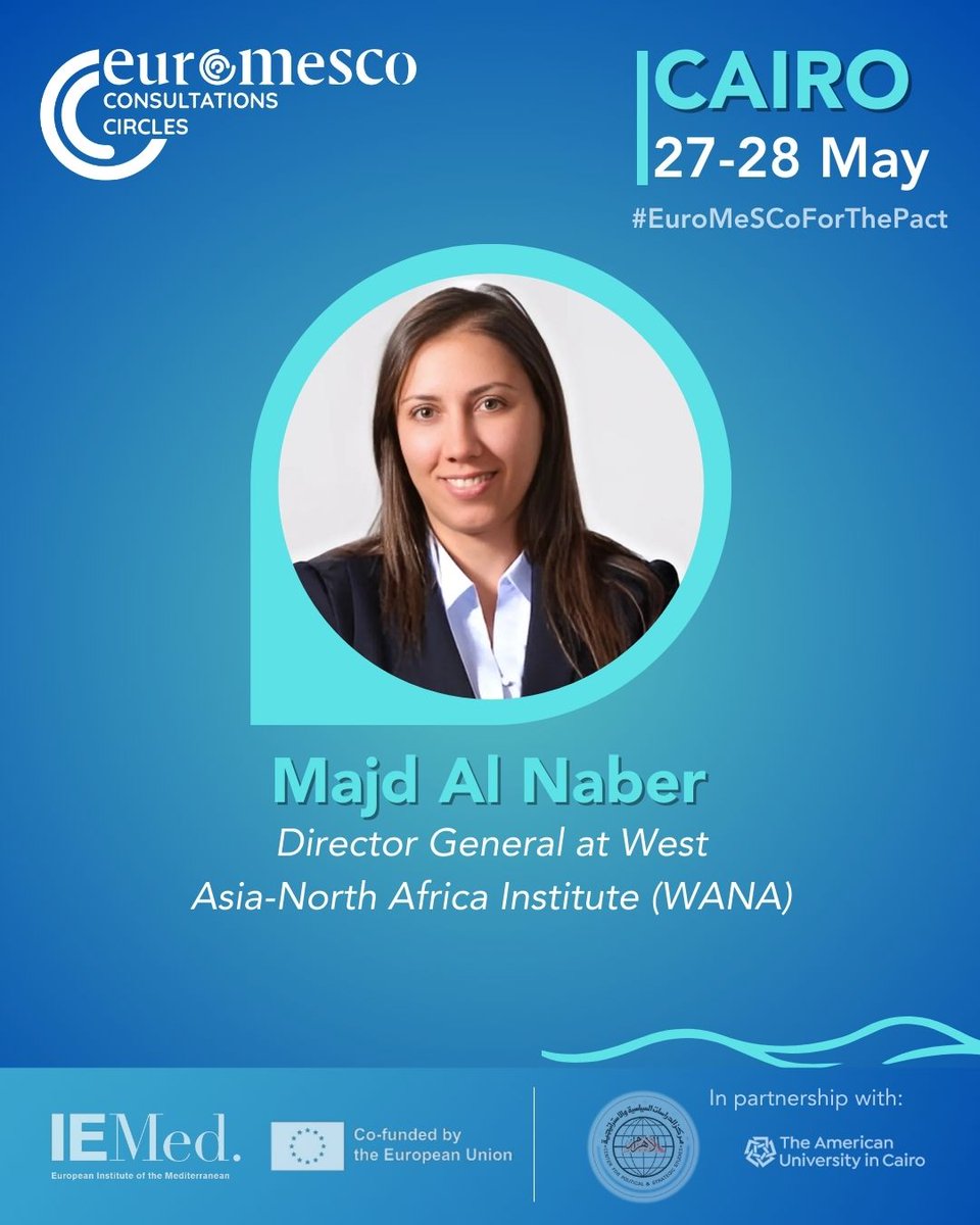 #EuroMeSCoForThePact

Delighted to have <a href="/MajdNaber/">Majd Al Naber</a>, Director General of <a href="/WANAInstitute/">WANA Institute</a> , joining the Cairo Consultation Circle. 🌍

Majd’s expertise in regional transitions will contribute valuable perspectives to our Mediterranean dialogue.

#Together4Med